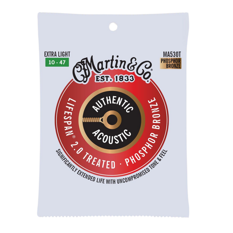 Martin Authentic Acoustic Lifespan 2.0 Treated Phosphor Bronze Guitar Strings, .010-.047 Extra Light