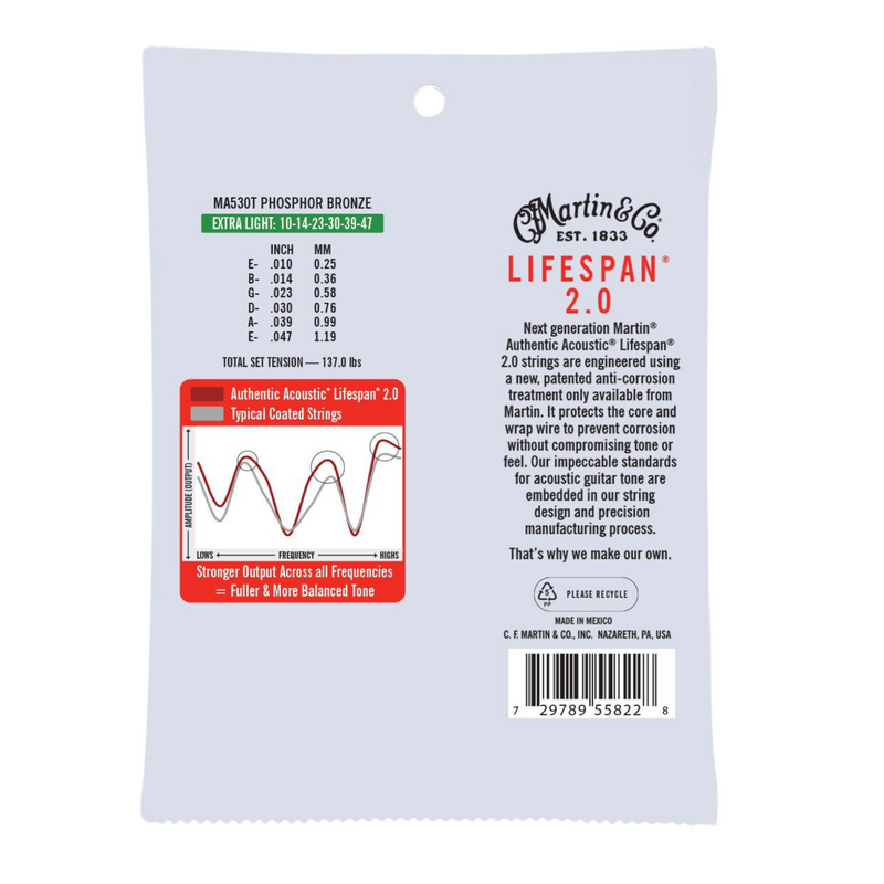 Martin Authentic Acoustic Lifespan 2.0 Treated Phosphor Bronze Guitar Strings, .010-.047 Extra Light