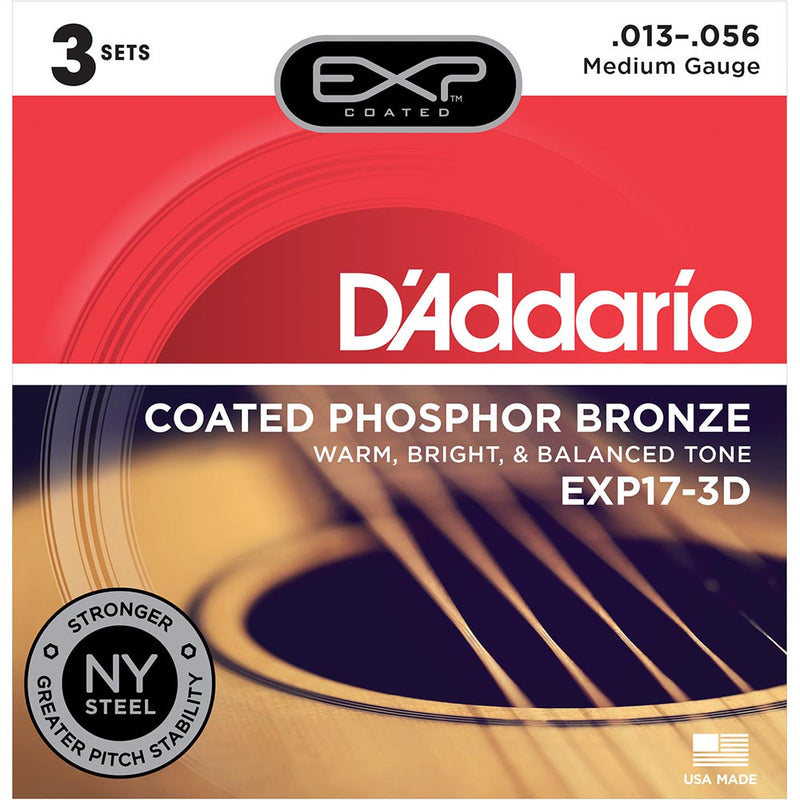 D'Addario EXP17 Coated Phosphor Acoustic Guitar Strings - Medium - 13-56 - 3 Sets